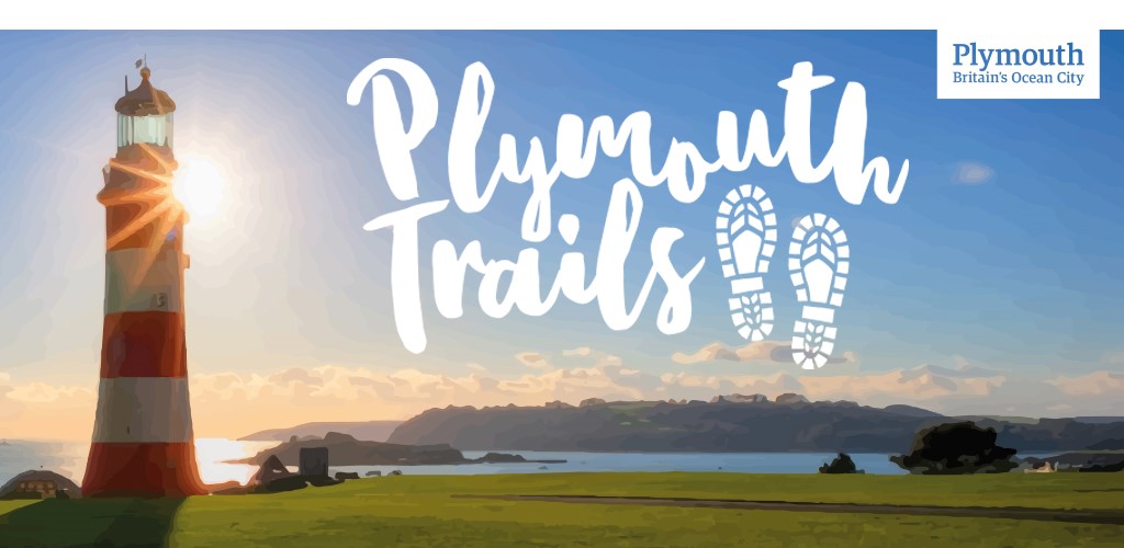 Plymouth trails app promo image with lighthouse with sun behind