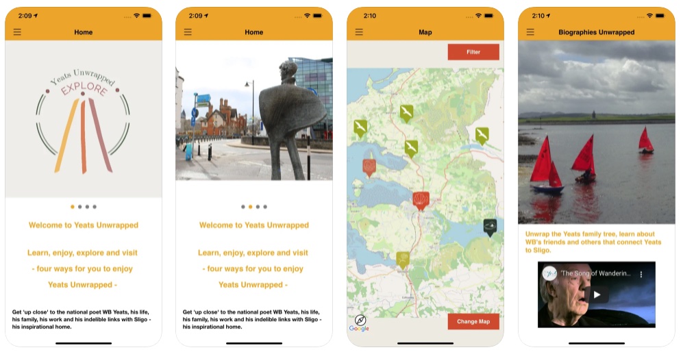 iOS screenshots from the Yeats Unwrapped app, showing the home page, a map with some of the location pins and one of the rich content pages