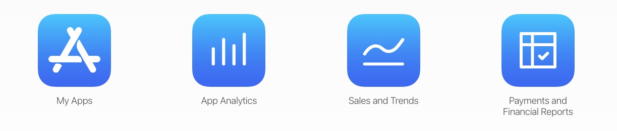four icons from app store connect page providing access to your apps, sales, analytics, trends