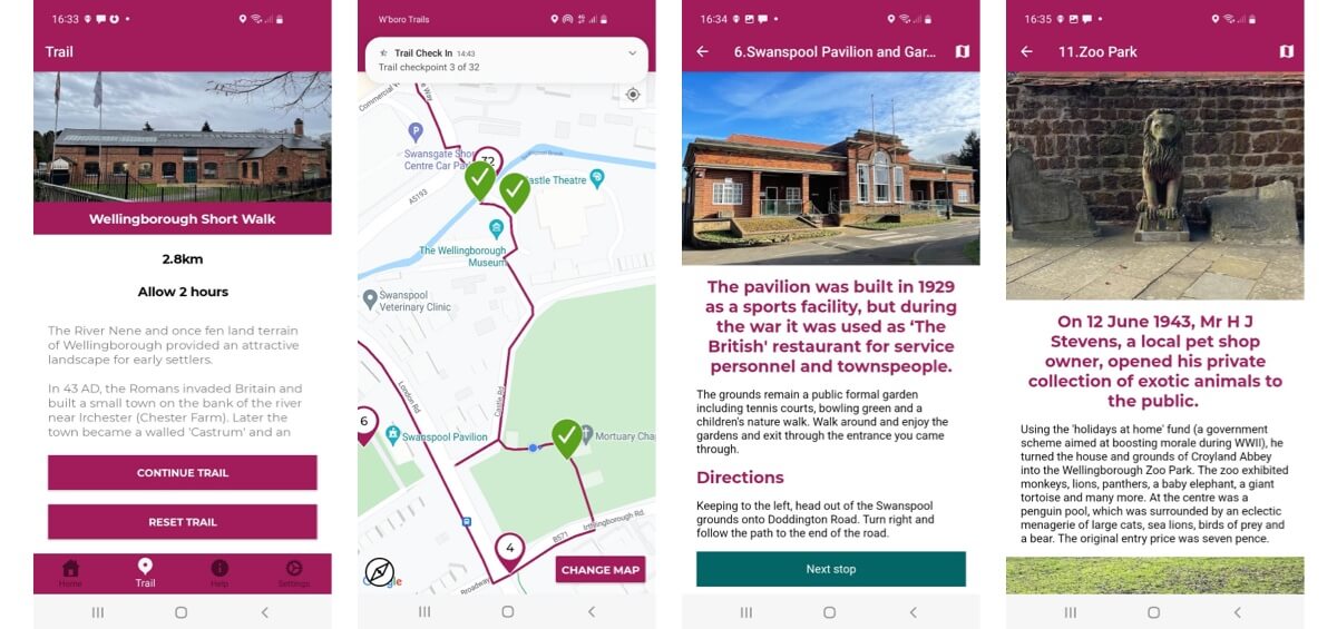 four screenshots from the wellingborough app showing the trail summary, trail map and two content pages