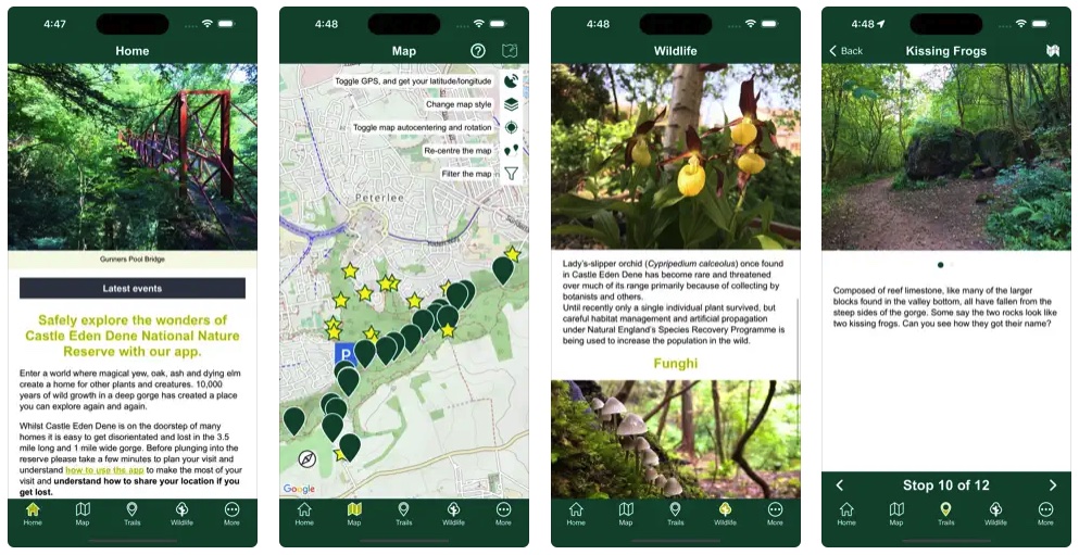 four screenshots from the app showing the main map, a page about wildlife, the home page and one of the stopping points on the trail.