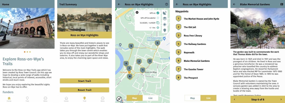 five screenshots from the ross trails app showing key features of the trails