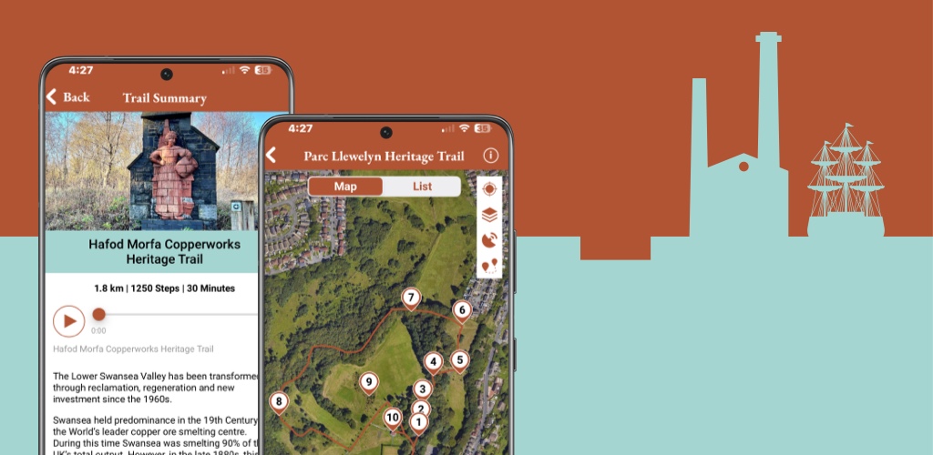 two screenshots to left of screen showing text and a map. To the right is the silhouette of a canal, mill and sail ship