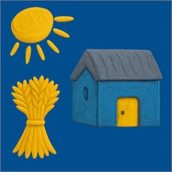 Aberporth Llwybr Cerdd Poetry Trail app icon - sun, wheatsheaf and cottage against blue background