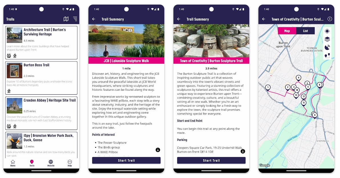Four app screenshots showing, from left to right: trail card selector, summary page for lakeside sculpute walk, trail summary for burton sculpture trail and trail map (with route and place of interest pins) for the town of creativity trail