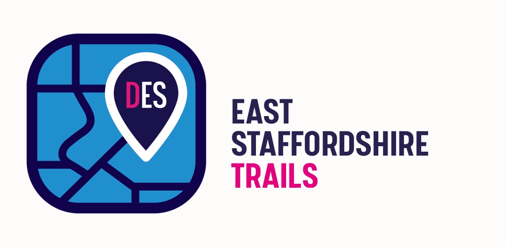 Discover East Staffordshire Trails text and app icon showing a dark blue map pin on a light blue background with lines representing roads